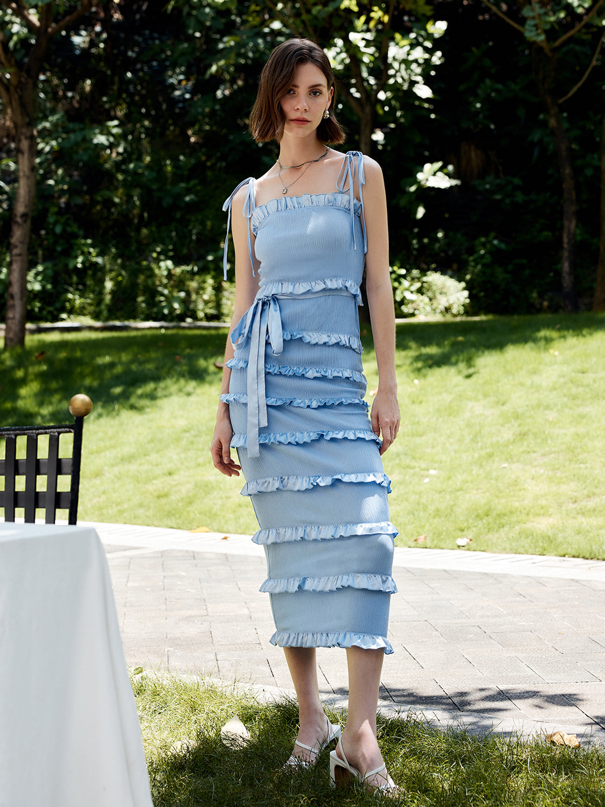 Lettuce Trim Knotted Cami Midi Dress-Chicvia