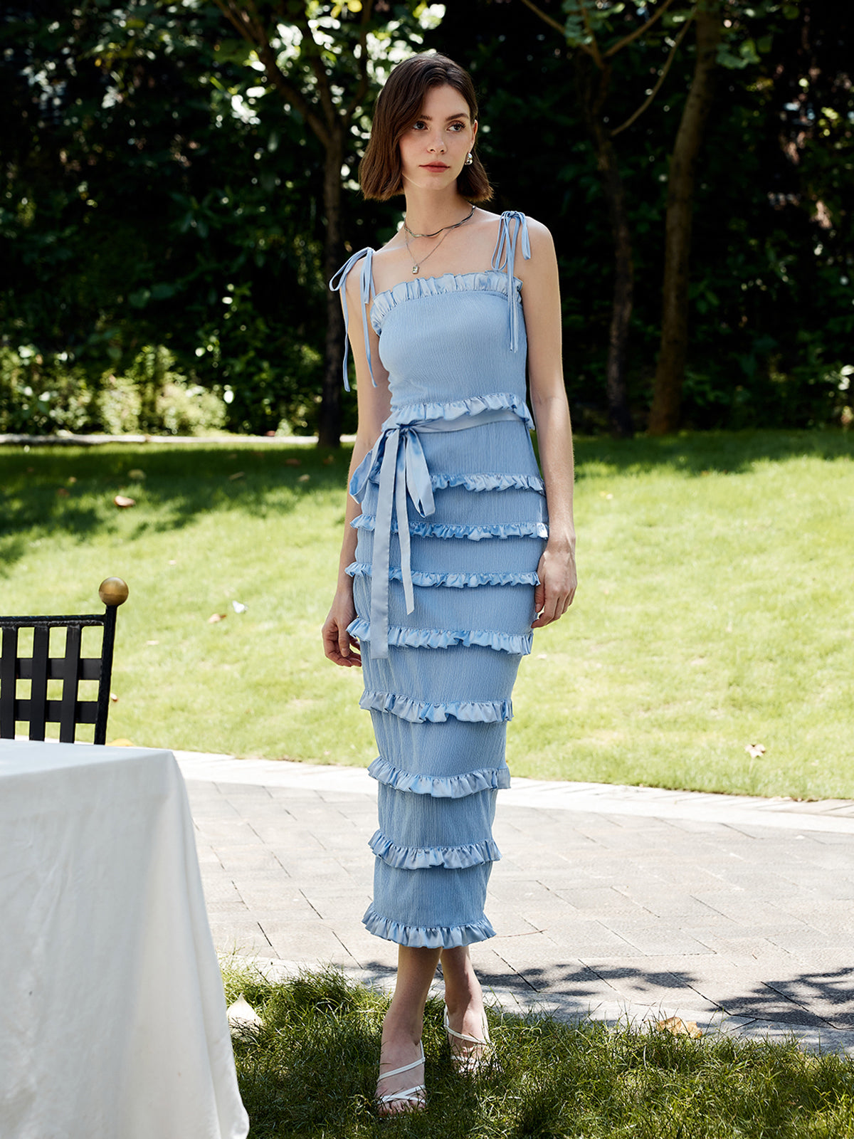 Lettuce Trim Knotted Cami Midi Dress-Chicvia