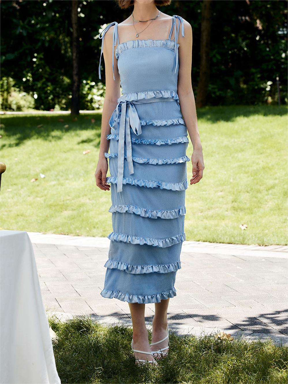 Lettuce Trim Knotted Cami Midi Dress-Chicvia