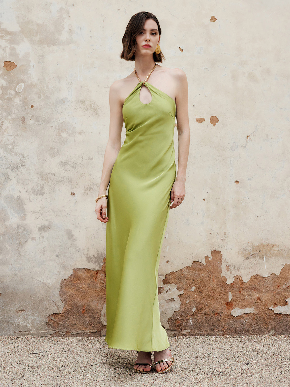 Halter Keyhole Neckline Backless Long Dress-Chicvia