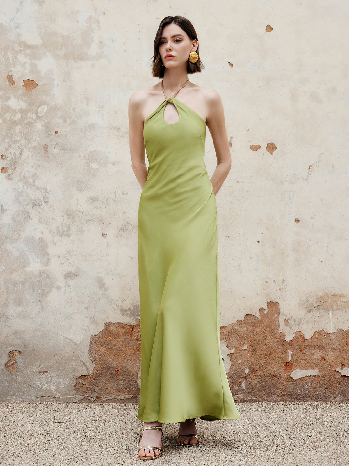 Halter Keyhole Neckline Backless Long Dress-Chicvia