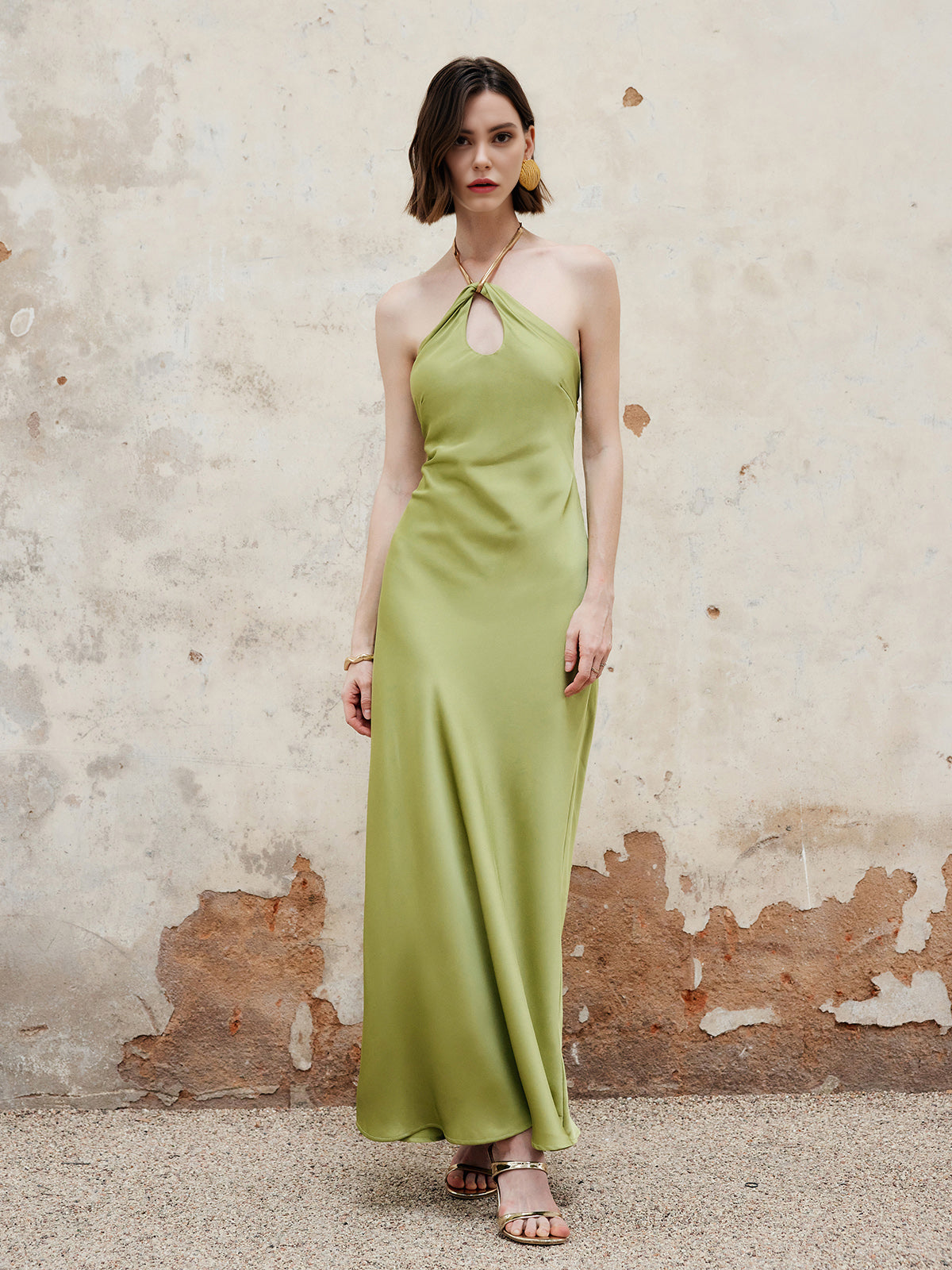 Halter Keyhole Neckline Backless Long Dress-Chicvia