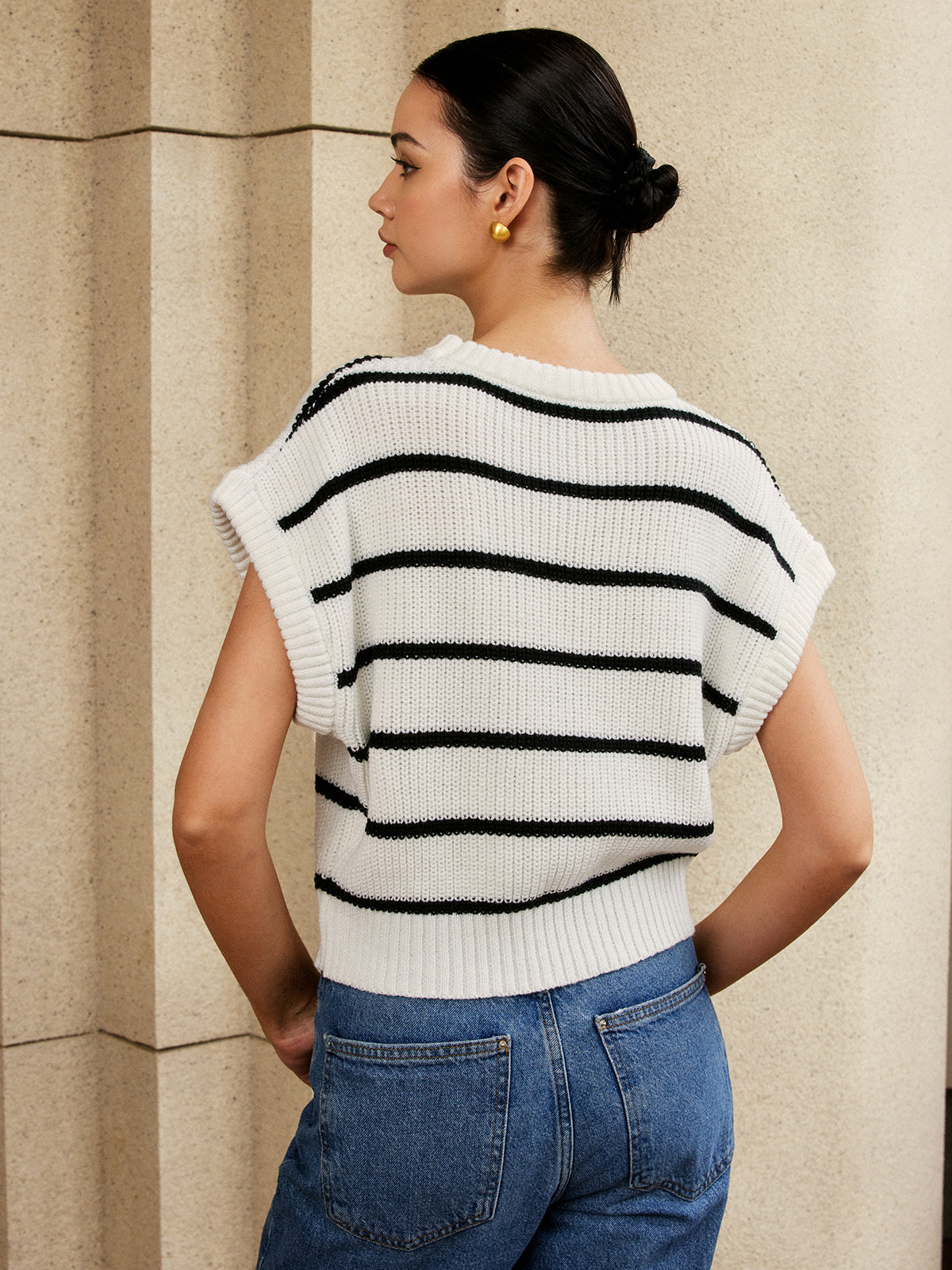 Oversized Striped Cap Sleeve Sweater-Chicvia