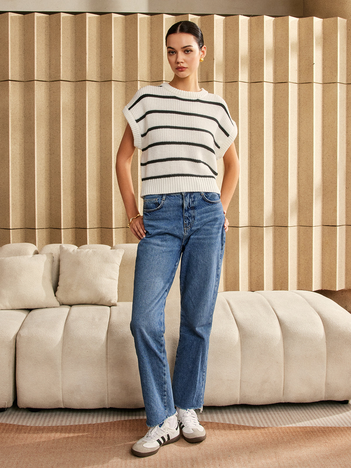Oversized Striped Cap Sleeve Sweater-Chicvia