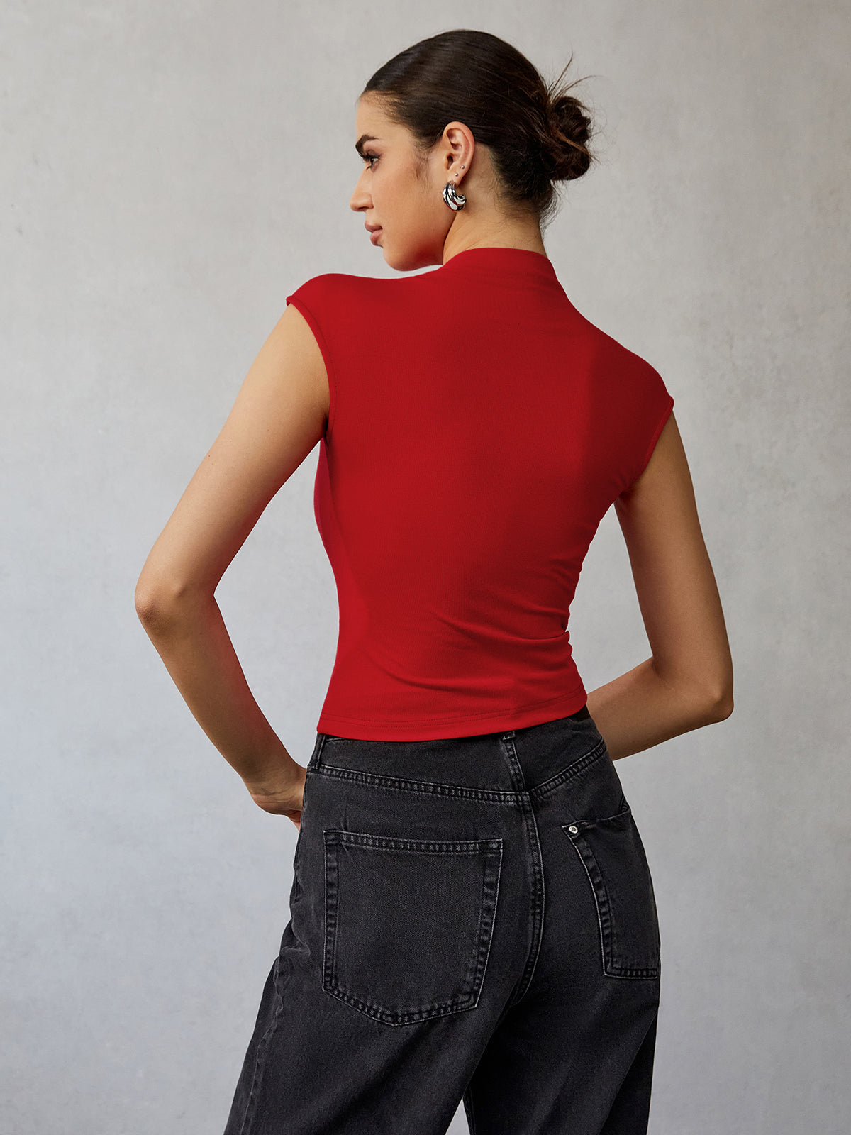 Mock Neck Cap Sleeve T-Shirt-Chicvia