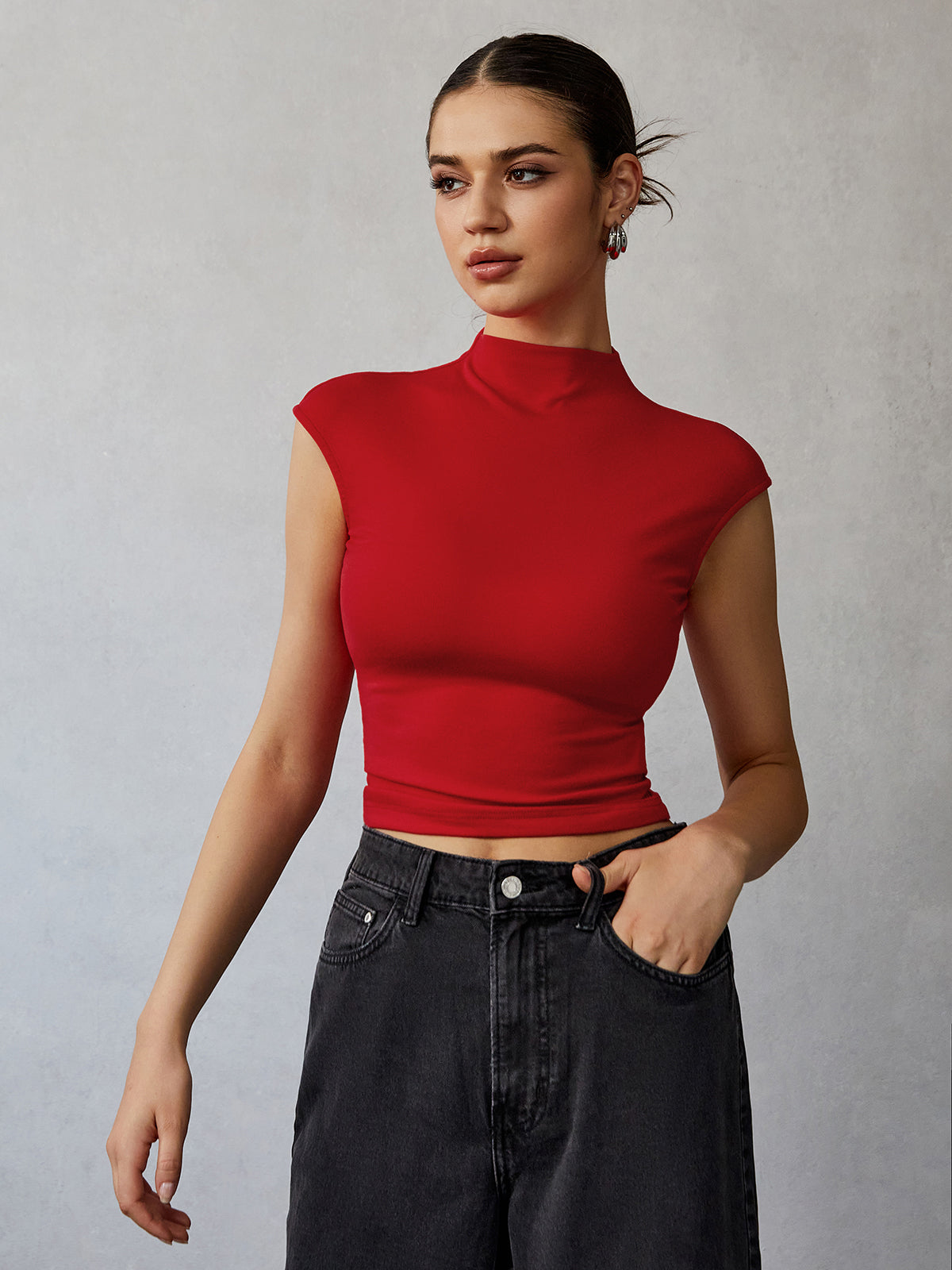 Mock Neck Cap Sleeve T-Shirt-Chicvia