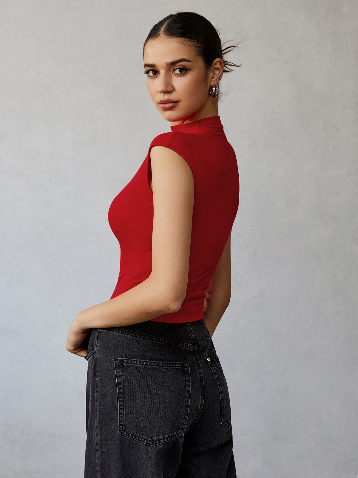 Mock Neck Cap Sleeve T-Shirt-Chicvia