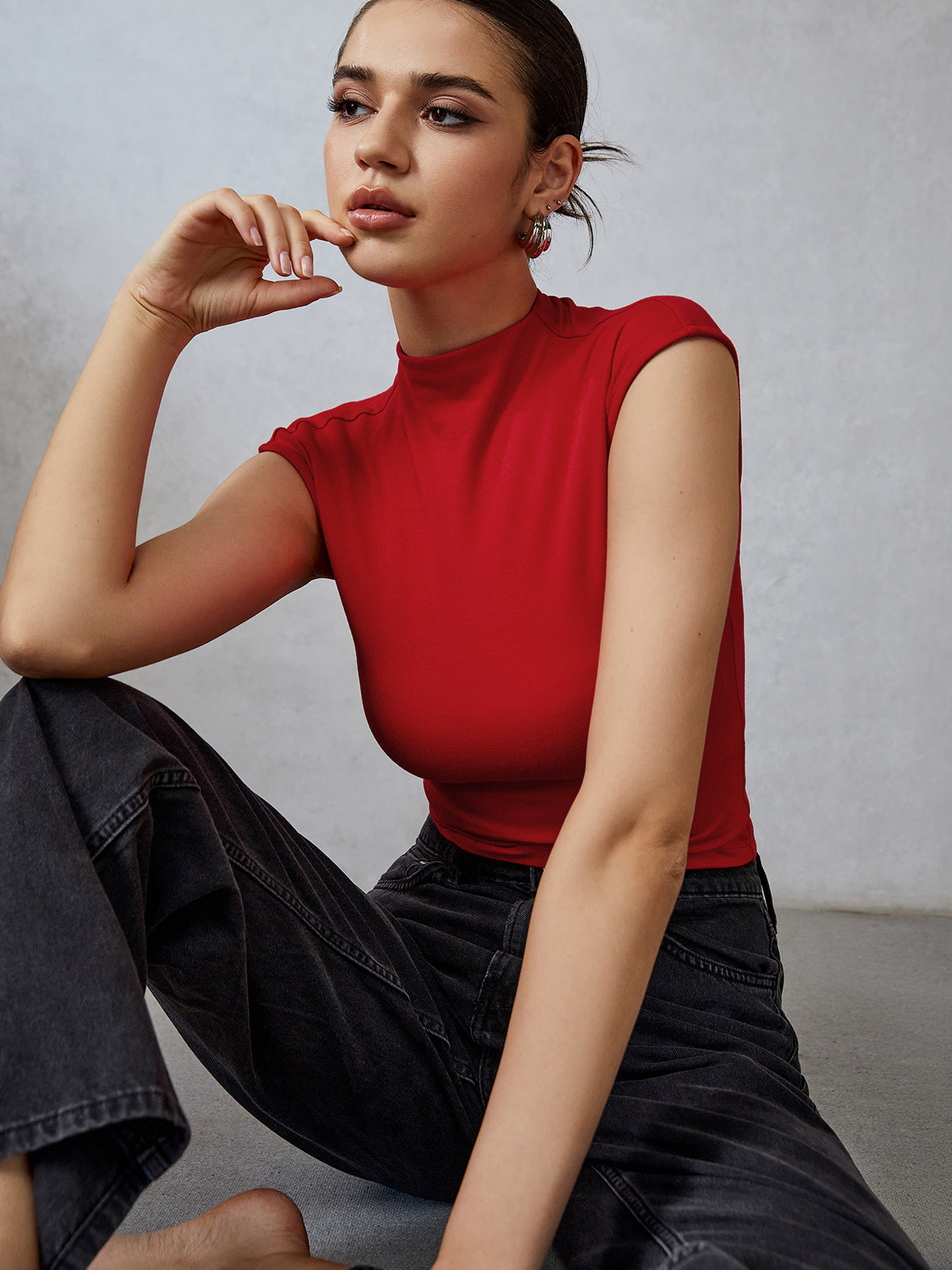 Mock Neck Cap Sleeve T-Shirt-Chicvia