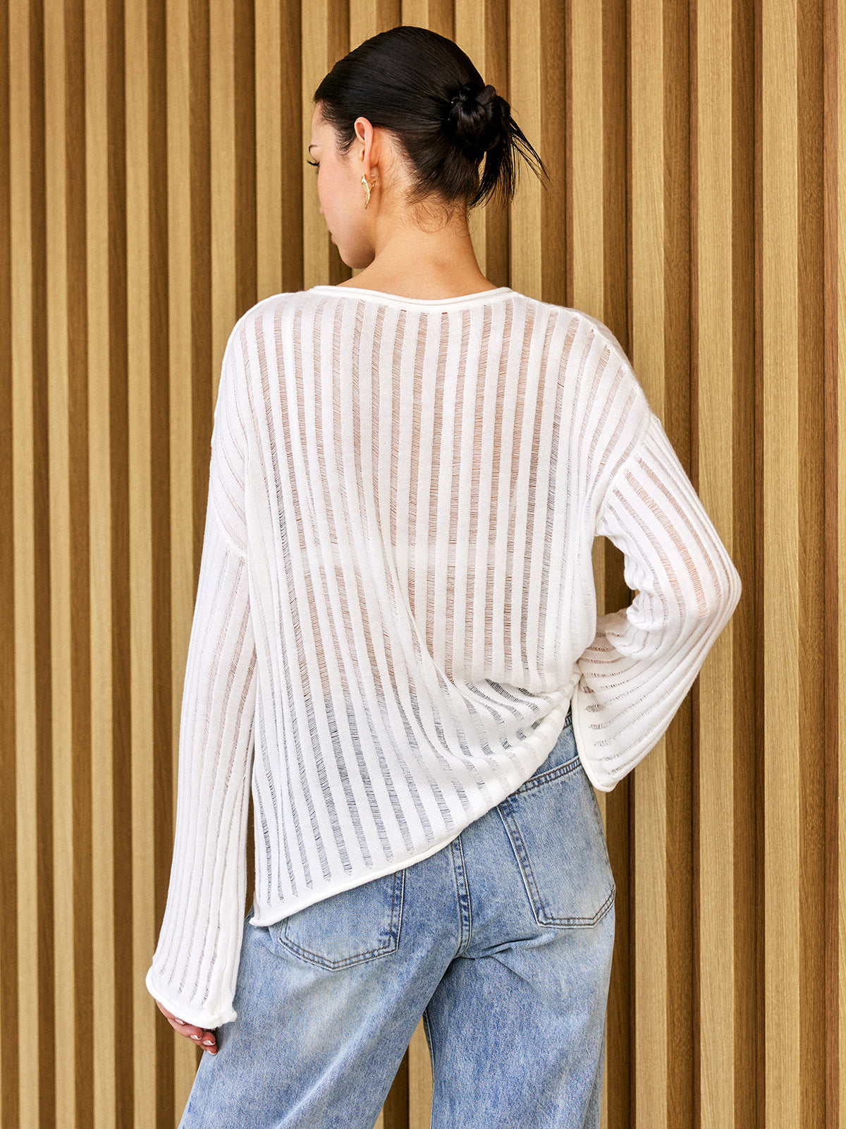Oversized Semi-Sheer Long Sleeve Sweater-Chicvia