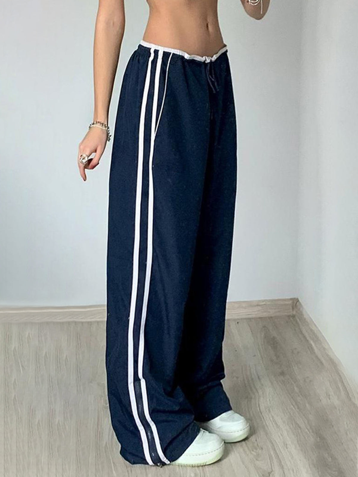 Contrast Binding Zipper Long Pants-Chicvia