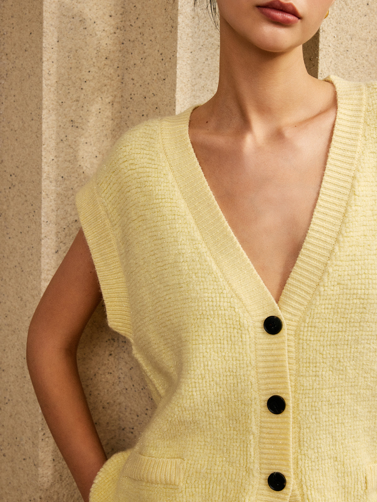 Oversized Button V-Neck Sweater Vest-Chicvia