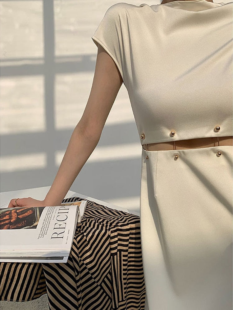 Cap Sleeve Cutout Midi Dress-Chicvia