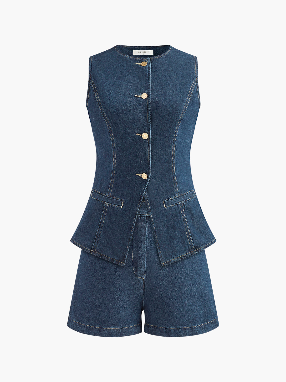 Denim Peplum Vest With Shorts Set-Chicvia