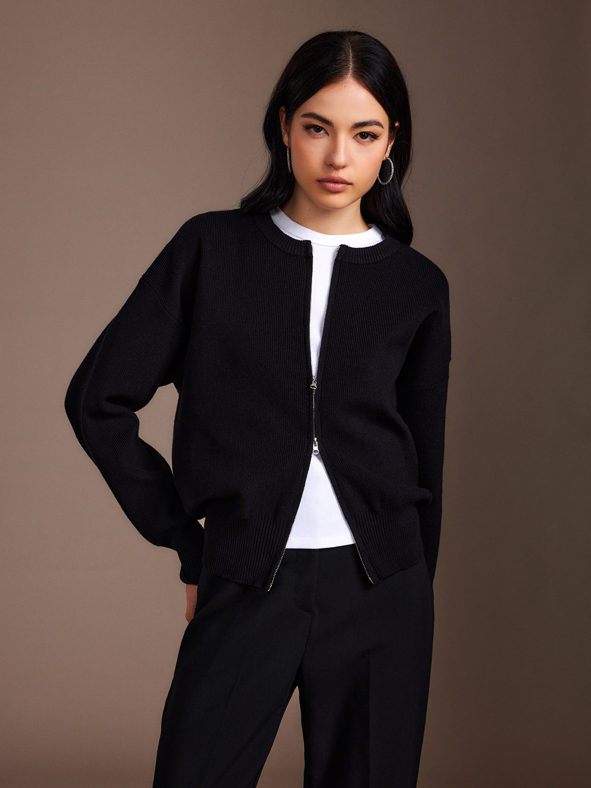 Plain Double Zip Cardigan-Chicvia