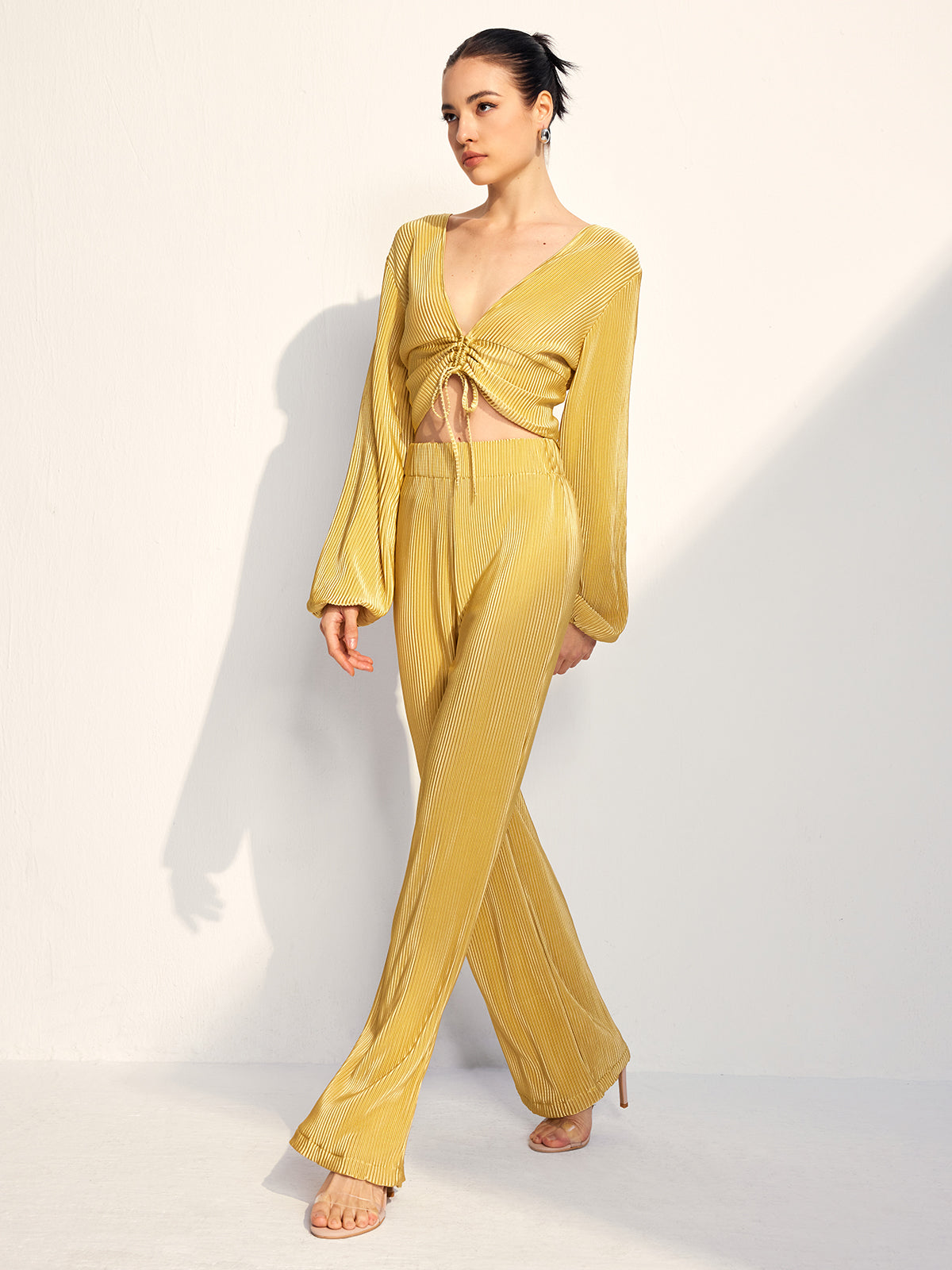 Drawstring Puff Sleeve Pants Set-Chicvia