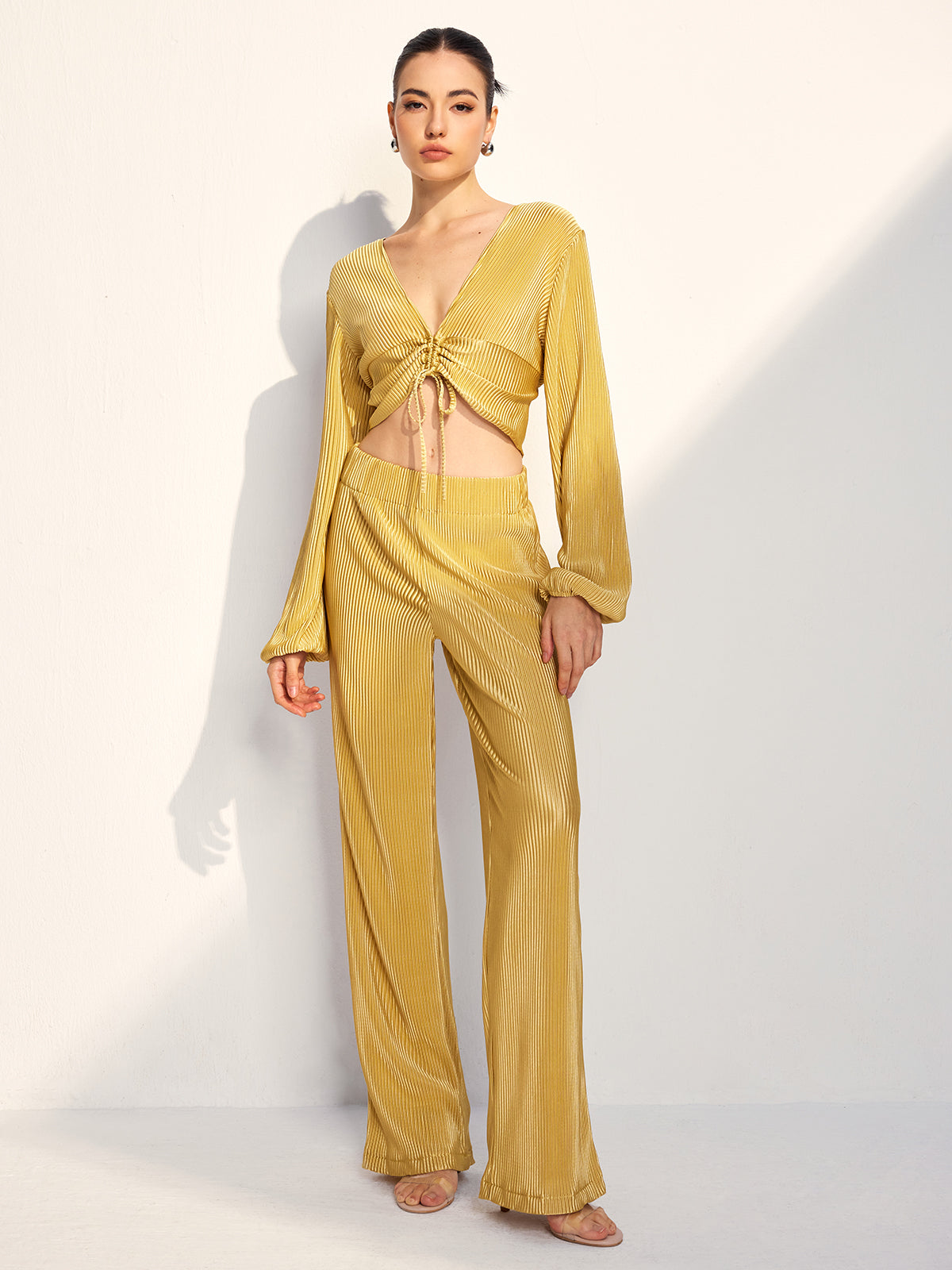 Drawstring Puff Sleeve Pants Set-Chicvia
