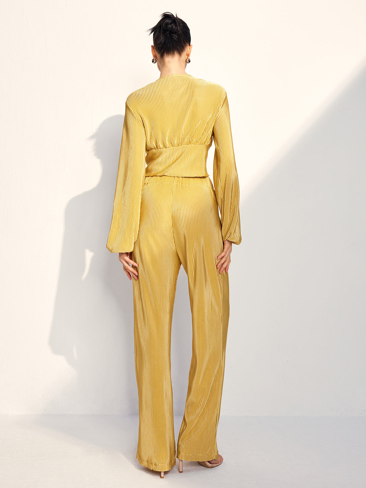 Drawstring Puff Sleeve Pants Set-Chicvia