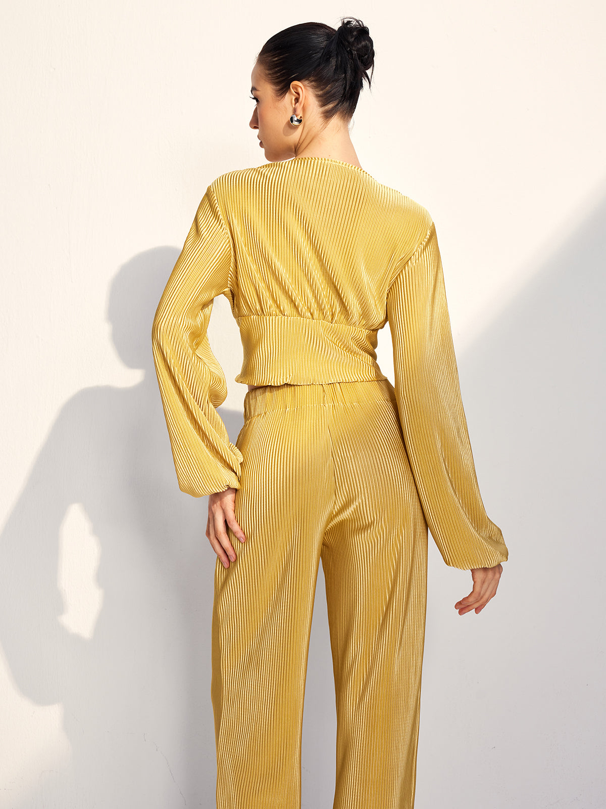 Drawstring Puff Sleeve Pants Set-Chicvia