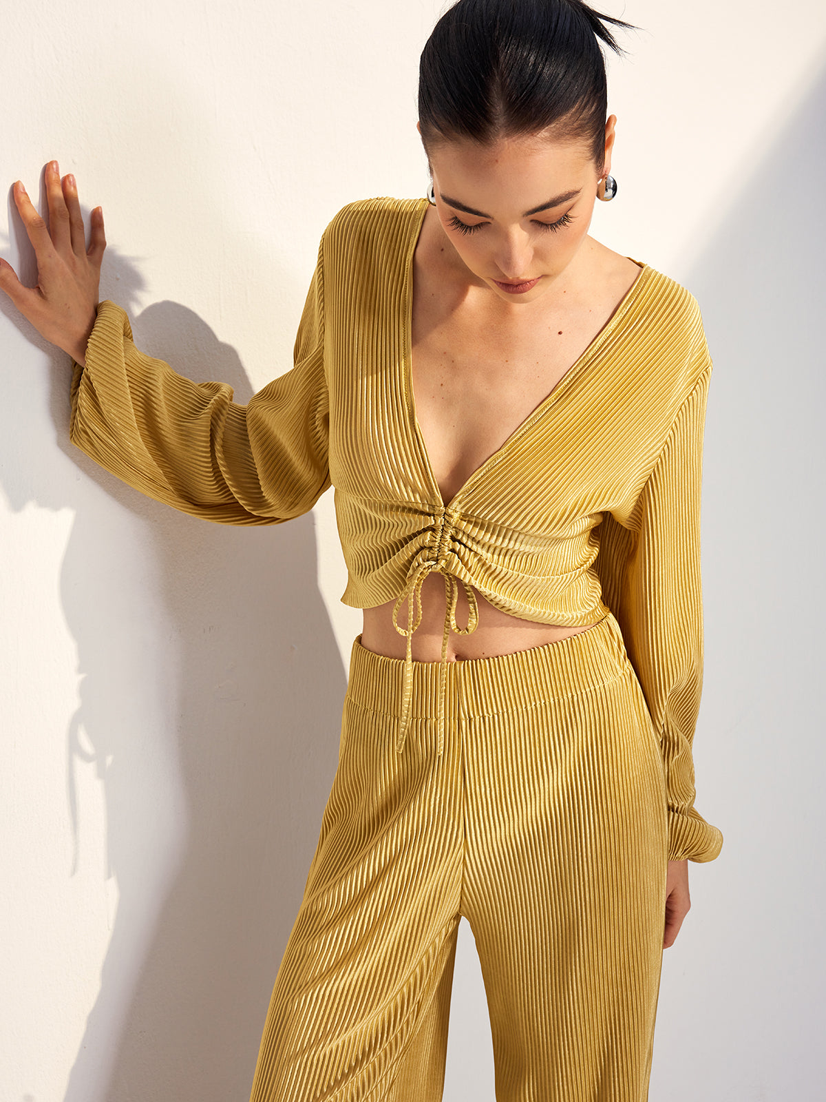 Drawstring Puff Sleeve Pants Set-Chicvia