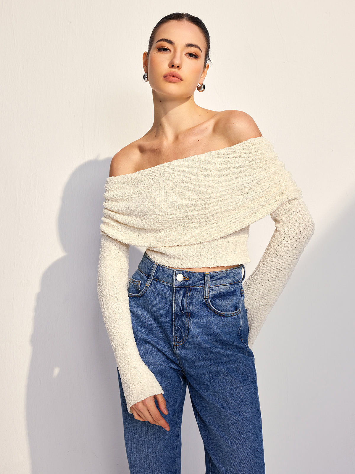 Off Shoulder Plain Knit Top-Chicvia