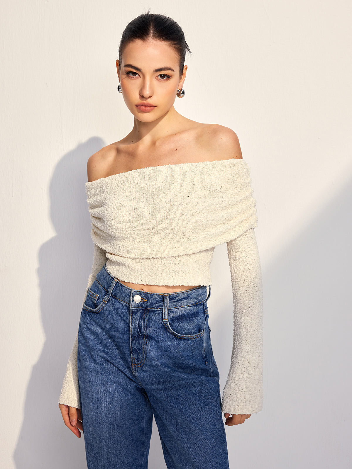 Off Shoulder Plain Knit Top-Chicvia