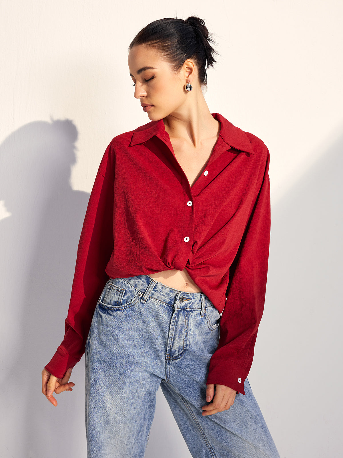 Oversized Solid Lapel Button Draped Shirt-Chicvia
