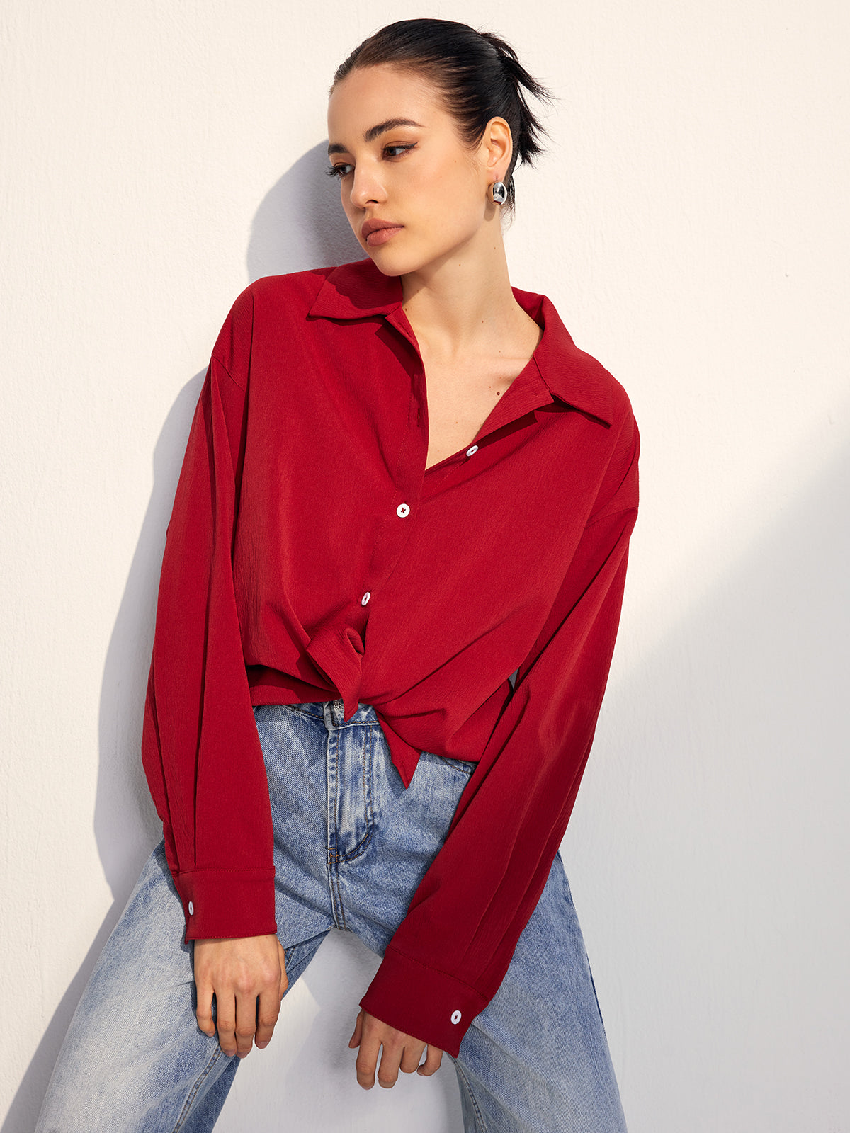 Oversized Solid Lapel Button Draped Shirt-Chicvia