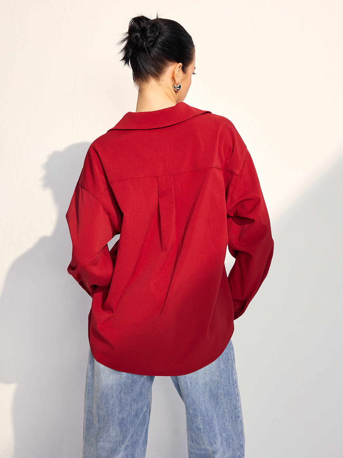 Oversized Solid Lapel Button Draped Shirt-Chicvia