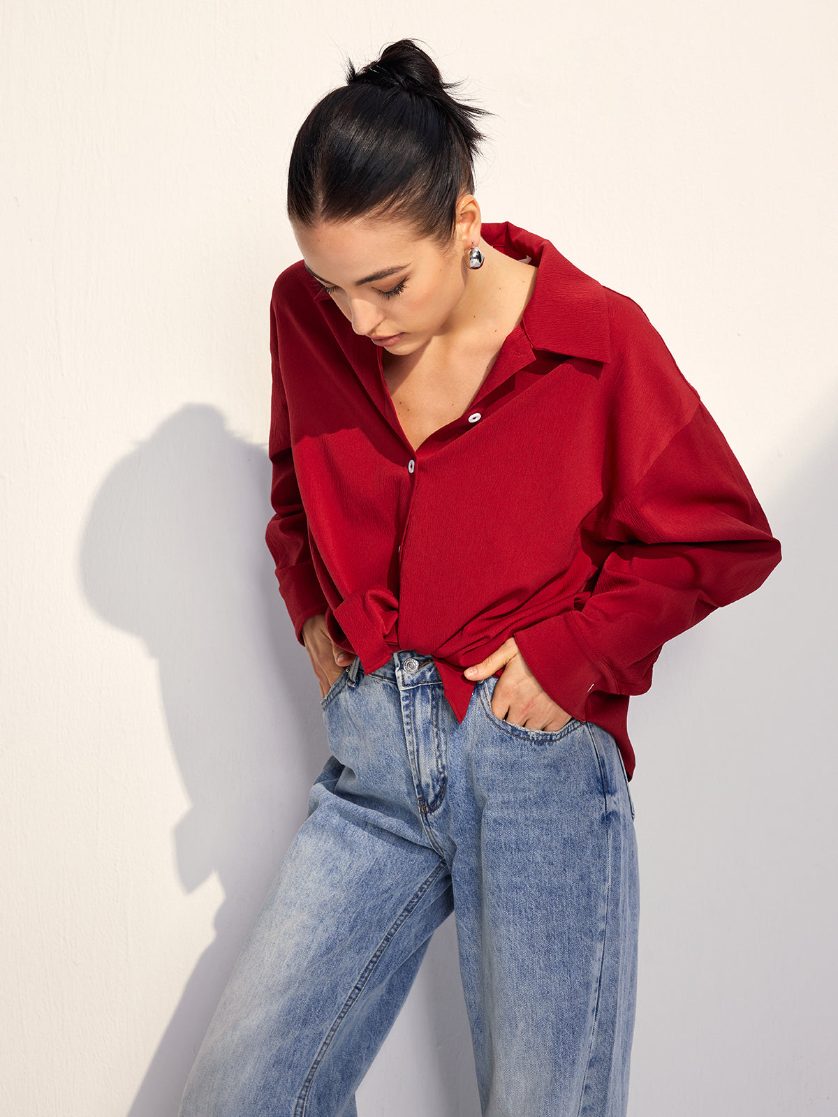 Oversized Solid Lapel Button Draped Shirt-Chicvia