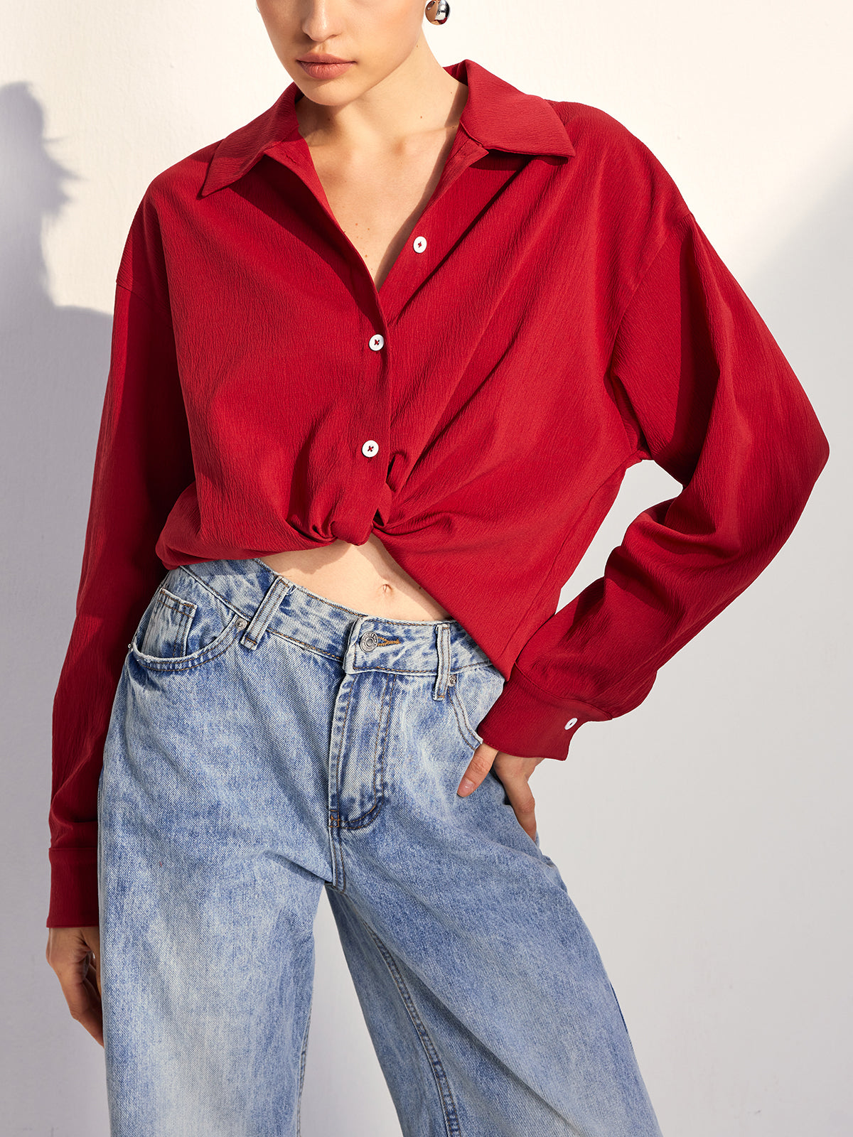 Oversized Solid Lapel Button Draped Shirt-Chicvia