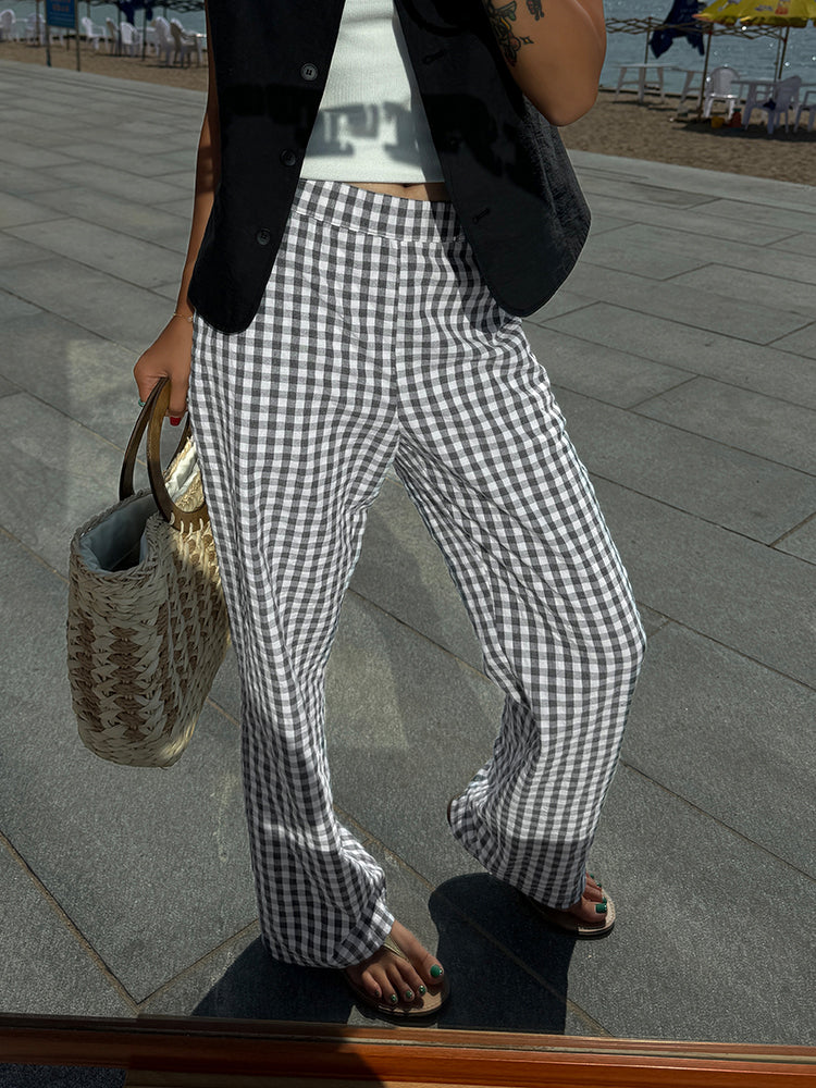 Casual Plaid Wide Leg Pants-Chicvia