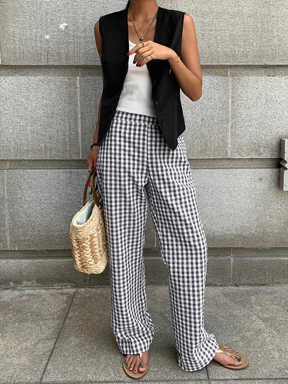 Casual Plaid Wide Leg Pants-Chicvia