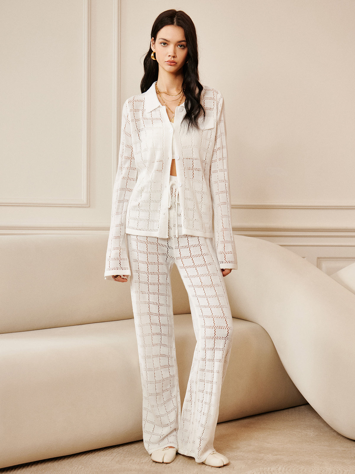 Hollow Plaid Drawstring Pants Set-Chicvia