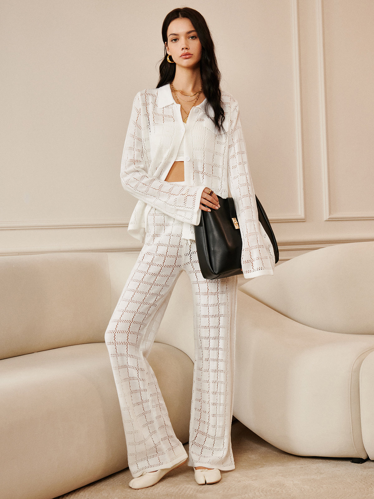 Hollow Plaid Drawstring Pants Set-Chicvia