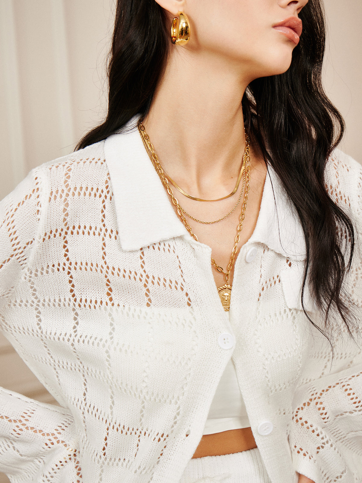 Hollow Plaid Drawstring Pants Set-Chicvia