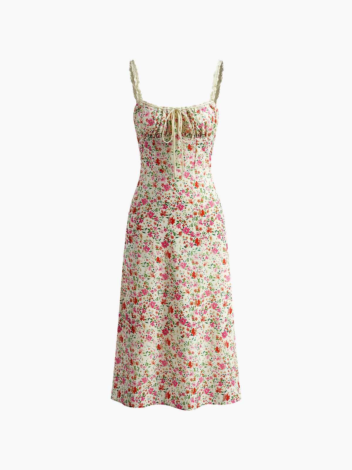 Floral Print Trim Cami Midi Dress-Chicvia