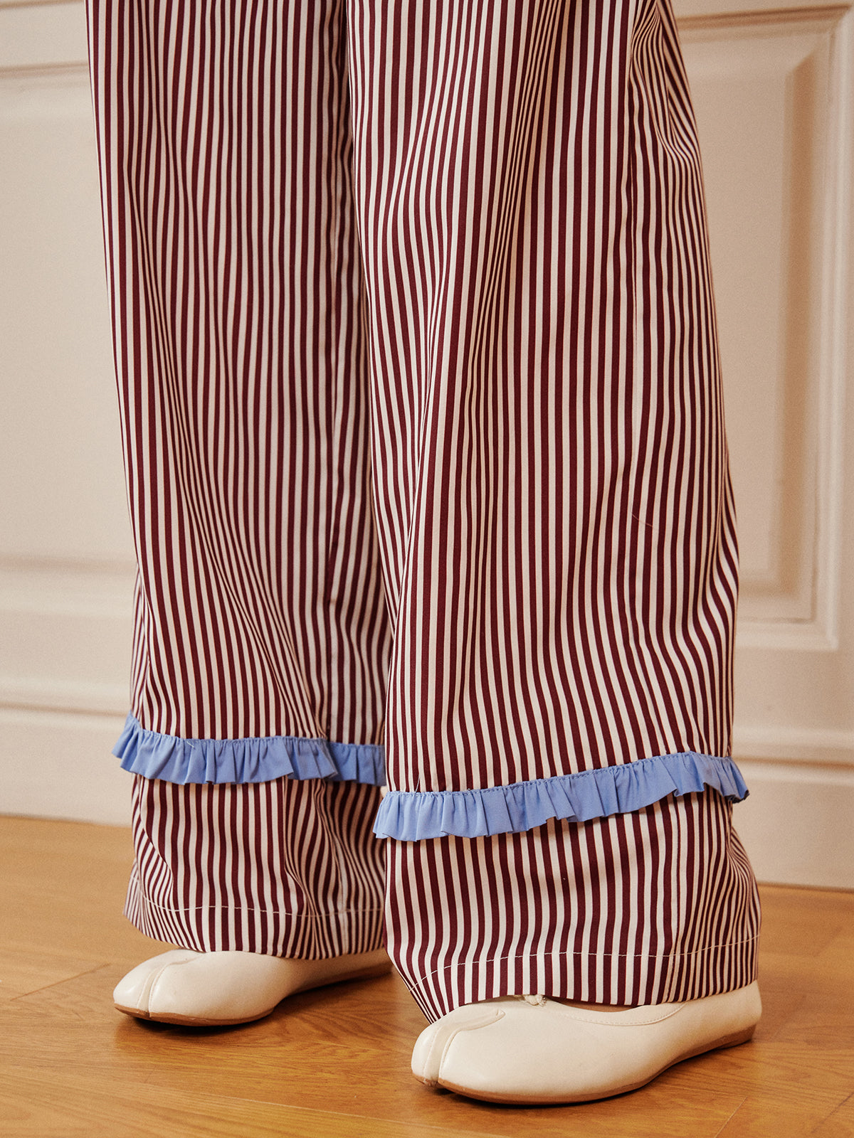 Pinstripe Ruffle Bow Pants-Chicvia