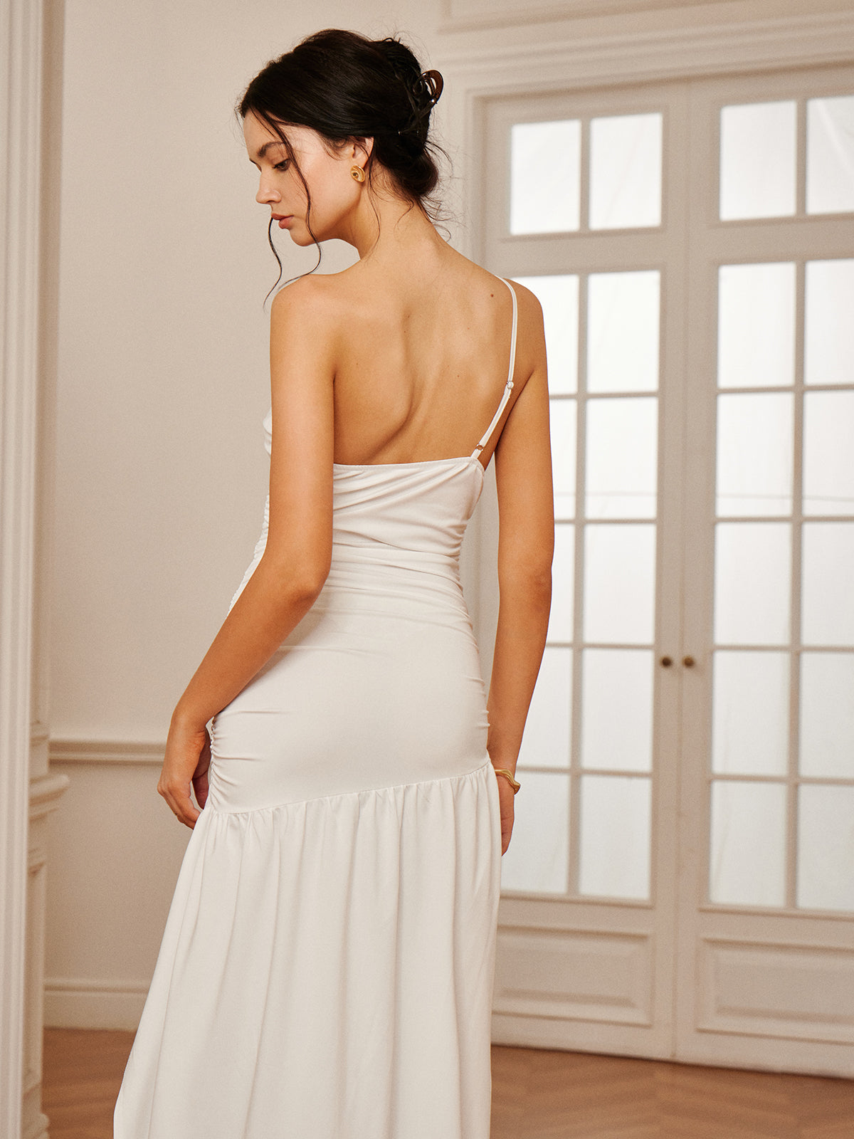 One Shoulder Pleated Split Long Dress-Chicvia