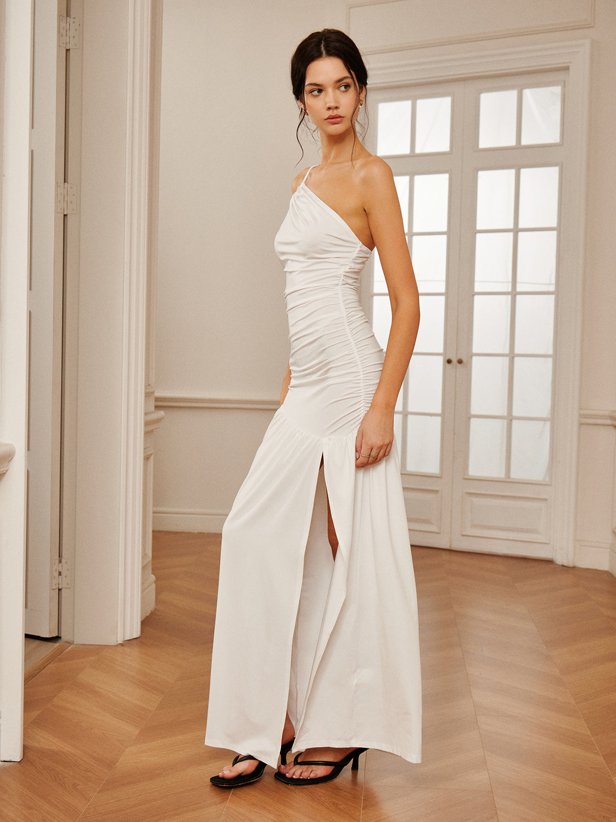 One Shoulder Pleated Split Long Dress-Chicvia