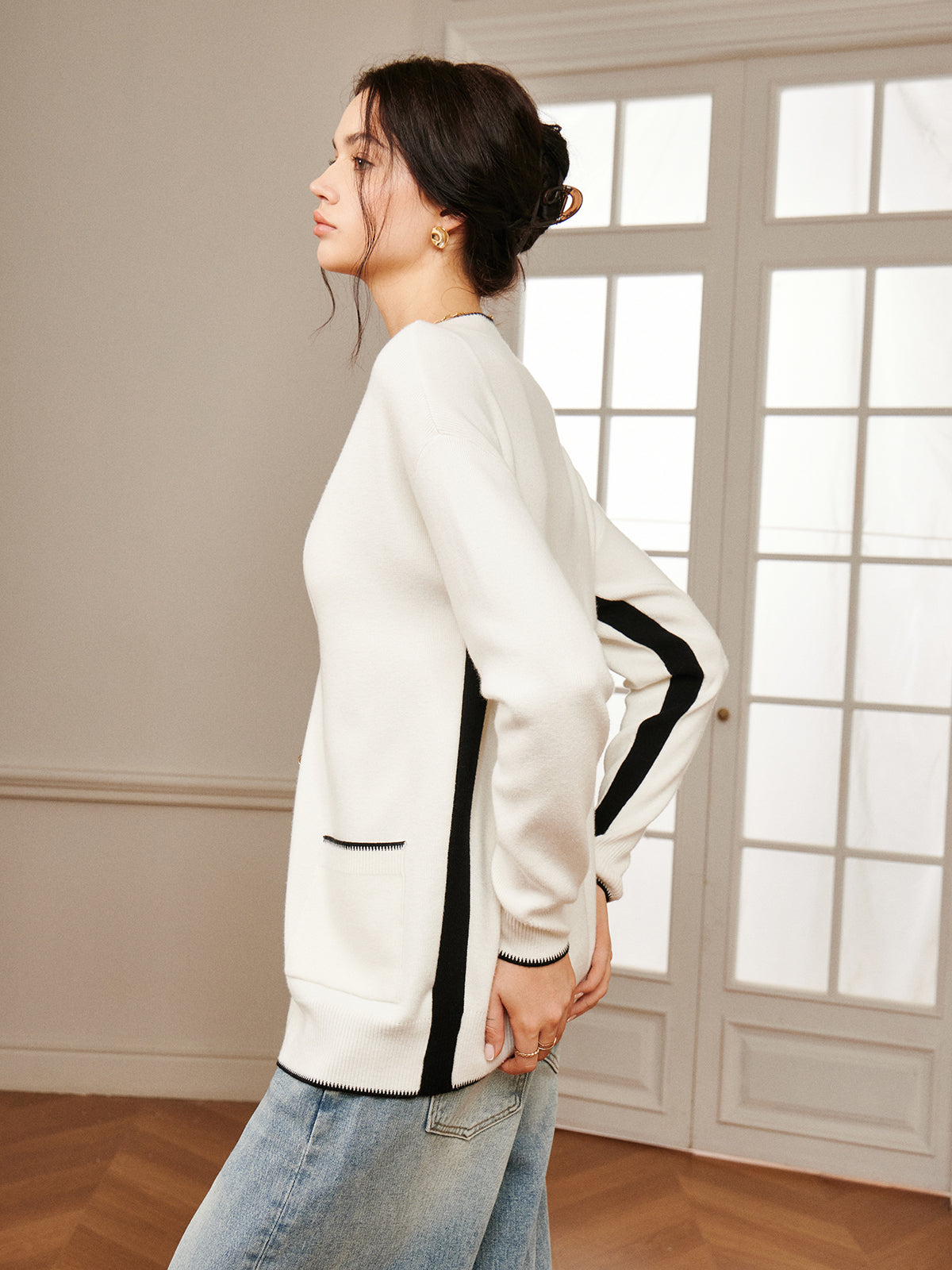 Casual Contrast Trim Knit Outerwear-Chicvia