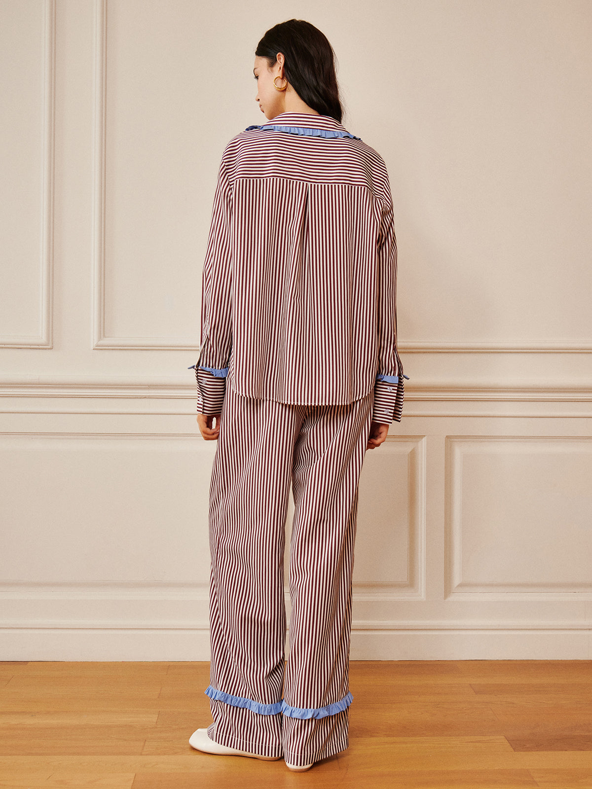 Pinstripe Ruffle Tie Front Shirt-Chicvia