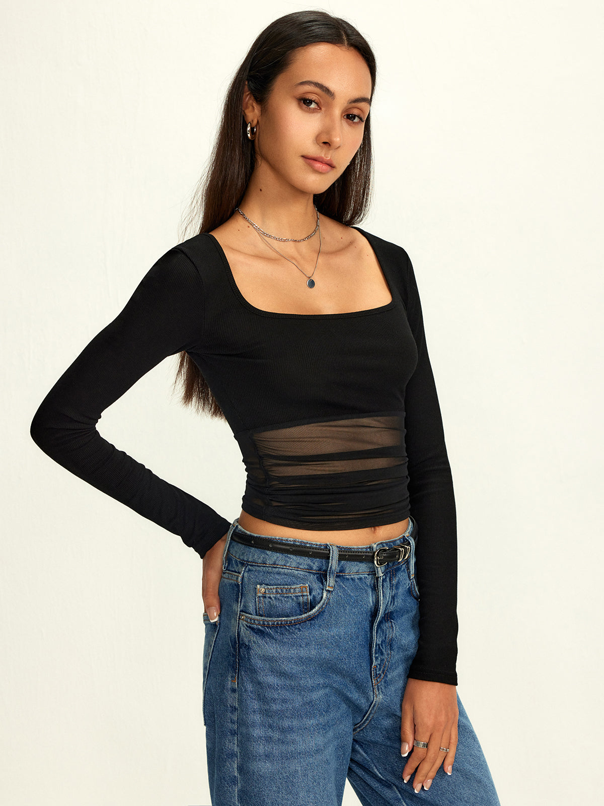Mesh Square Neck Semi-Sheer T-Shirt-Chicvia