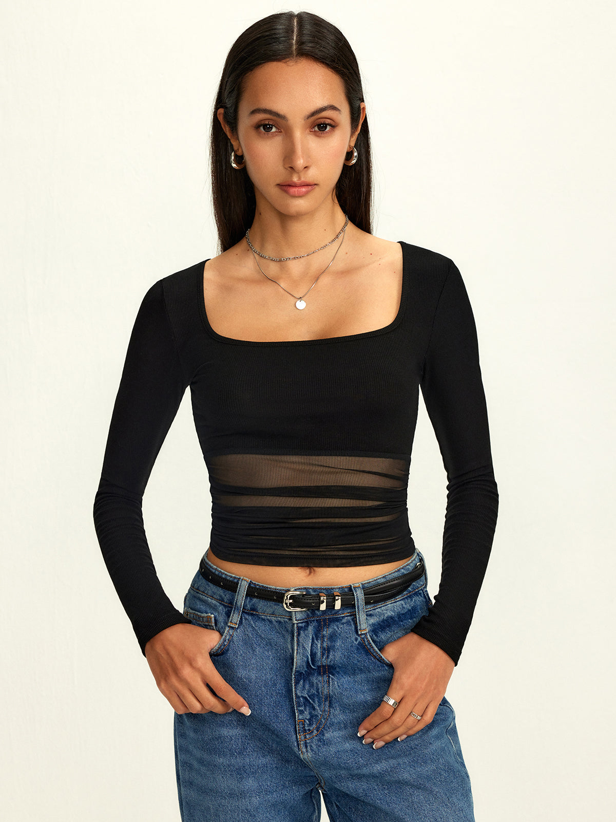 Mesh Square Neck Semi-Sheer T-Shirt-Chicvia