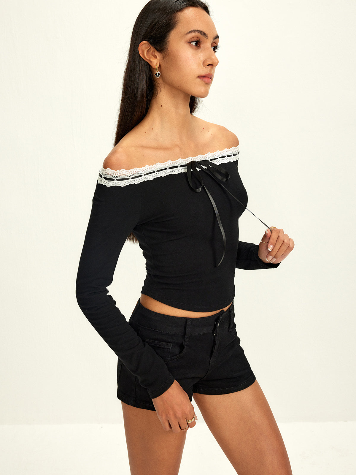 Off-Shoulder Lace Trim Blouse-Chicvia
