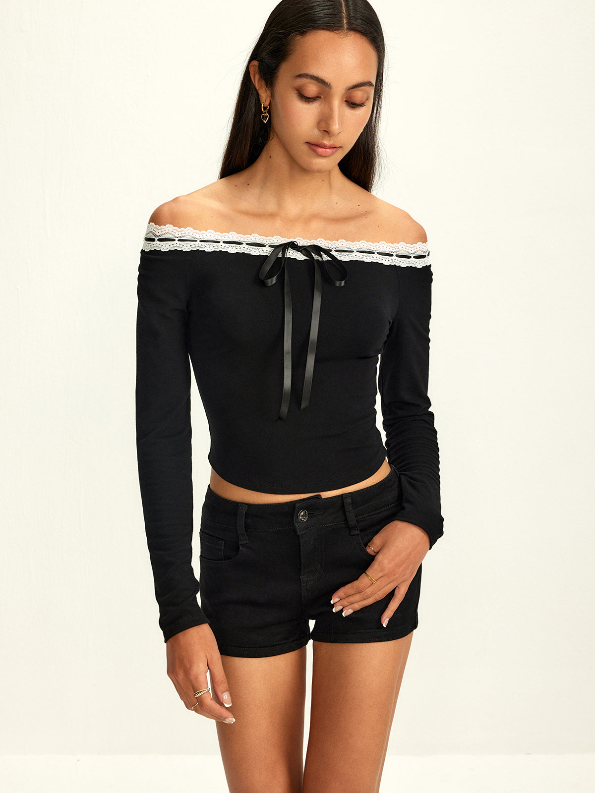 Off-Shoulder Lace Trim Blouse-Chicvia