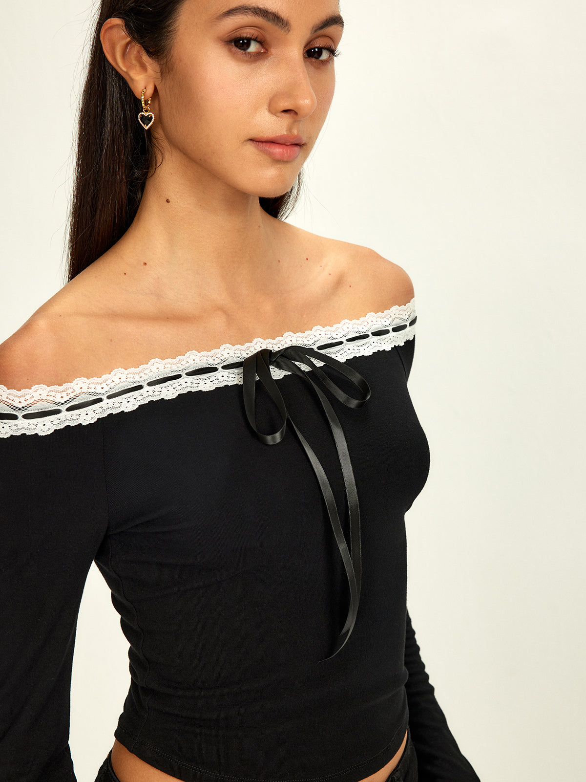 Off-Shoulder Lace Trim Blouse-Chicvia