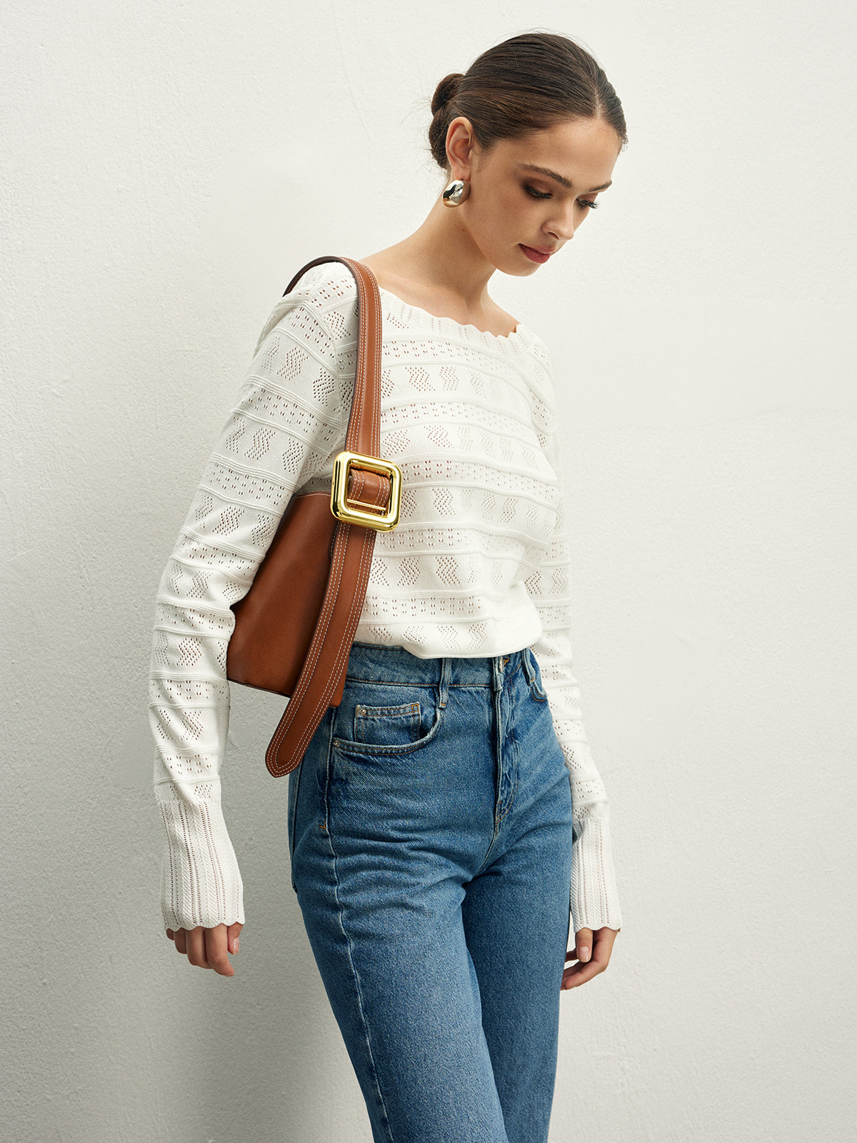 Lettuce Trim Backless Pointelle Knit Top-Chicvia