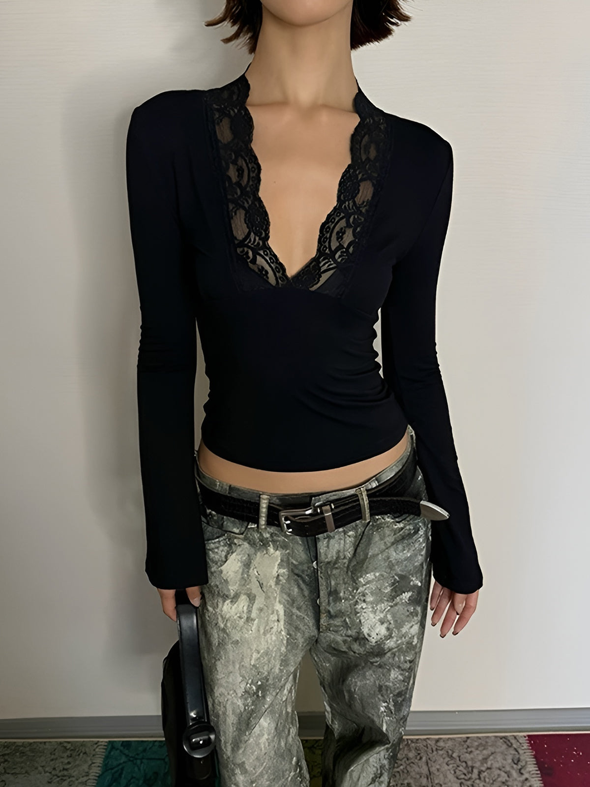 Lace Trim V-Neck T-Shirt-Chicvia