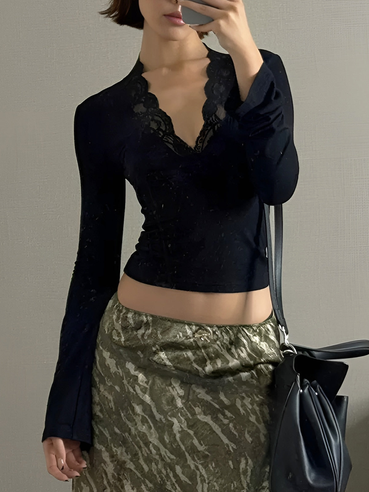 Lace Trim V-Neck T-Shirt-Chicvia