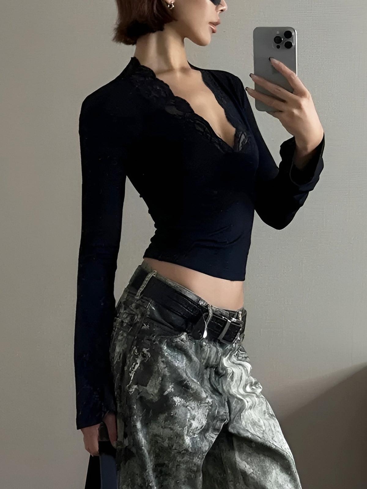 Lace Trim V-Neck T-Shirt-Chicvia